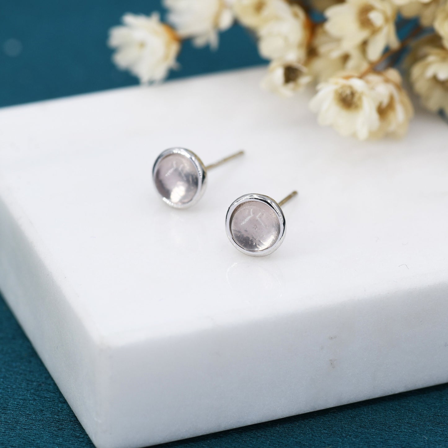 Sterling Silver Genuine Quartz Stud Earrings, 4mm or 5mm, Genuine Quartz Crystal Stud with Rose Tint, Bezel, Minimalist Style