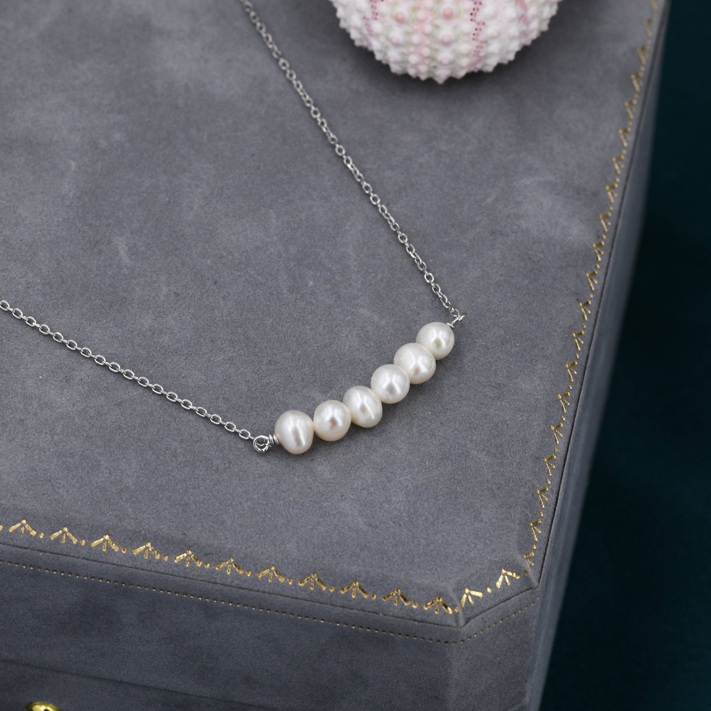 Genuine Freshwater Pearl Bar Pendant Necklace in Sterling Silver, Irregular Shaped Baroque Pearl Necklace, Delicate Keshi Pearl Necklace