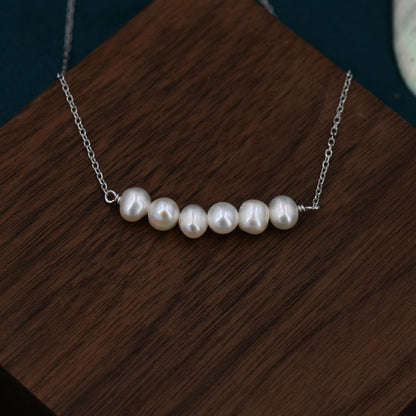 Genuine Freshwater Pearl Bar Pendant Necklace in Sterling Silver, Irregular Shaped Baroque Pearl Necklace, Delicate Keshi Pearl Necklace