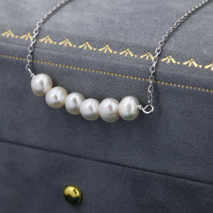 Genuine Freshwater Pearl Bar Pendant Necklace in Sterling Silver, Irregular Shaped Baroque Pearl Necklace, Delicate Keshi Pearl Necklace