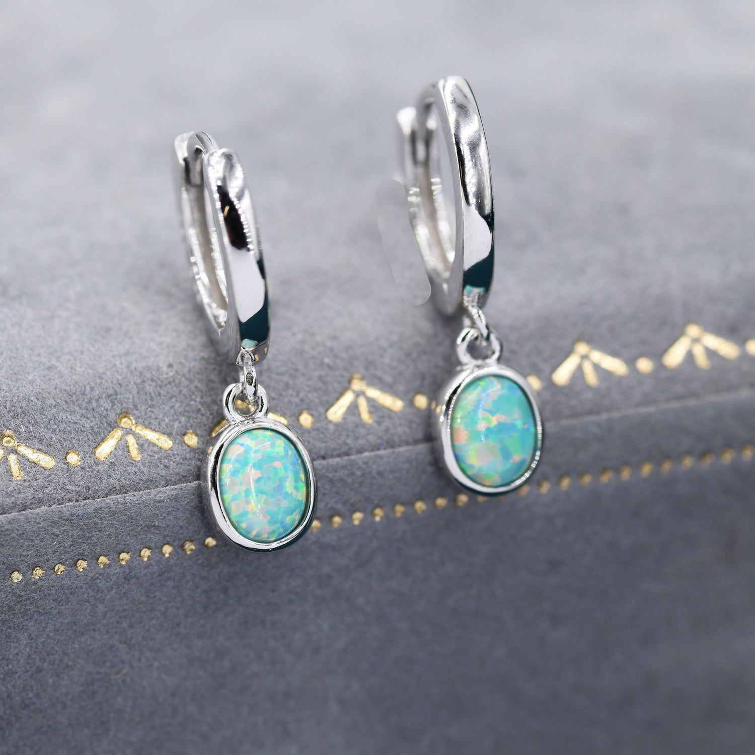 Sterling Silver Dangling Green Opal Oval Hoop Earrings,  Fire Opal Charm Dangle Hoop Earrings, Silver or Gold, Lab Opal Hoops