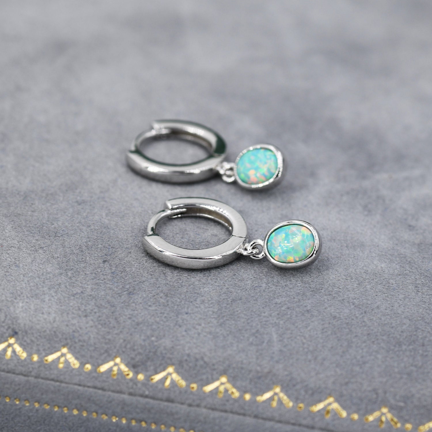 Sterling Silver Dangling Green Opal Oval Hoop Earrings,  Fire Opal Charm Dangle Hoop Earrings, Silver or Gold, Lab Opal Hoops