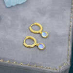 Sterling Silver Dangling Moonstone Oval Hoop Earrings, Simulated Moonstone Charm Dangle Hoop Earrings, Silver or Gold, Lab Moonstone Hoops
