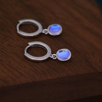 Sterling Silver Dangling Moonstone Oval Hoop Earrings, Simulated Moonstone Charm Dangle Hoop Earrings, Silver or Gold, Lab Moonstone Hoops
