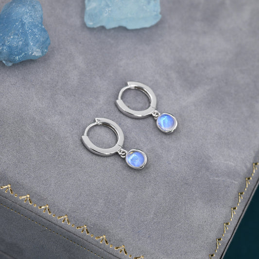 Sterling Silver Dangling Moonstone Oval Hoop Earrings, Simulated Moonstone Charm Dangle Hoop Earrings, Silver or Gold, Lab Moonstone Hoops