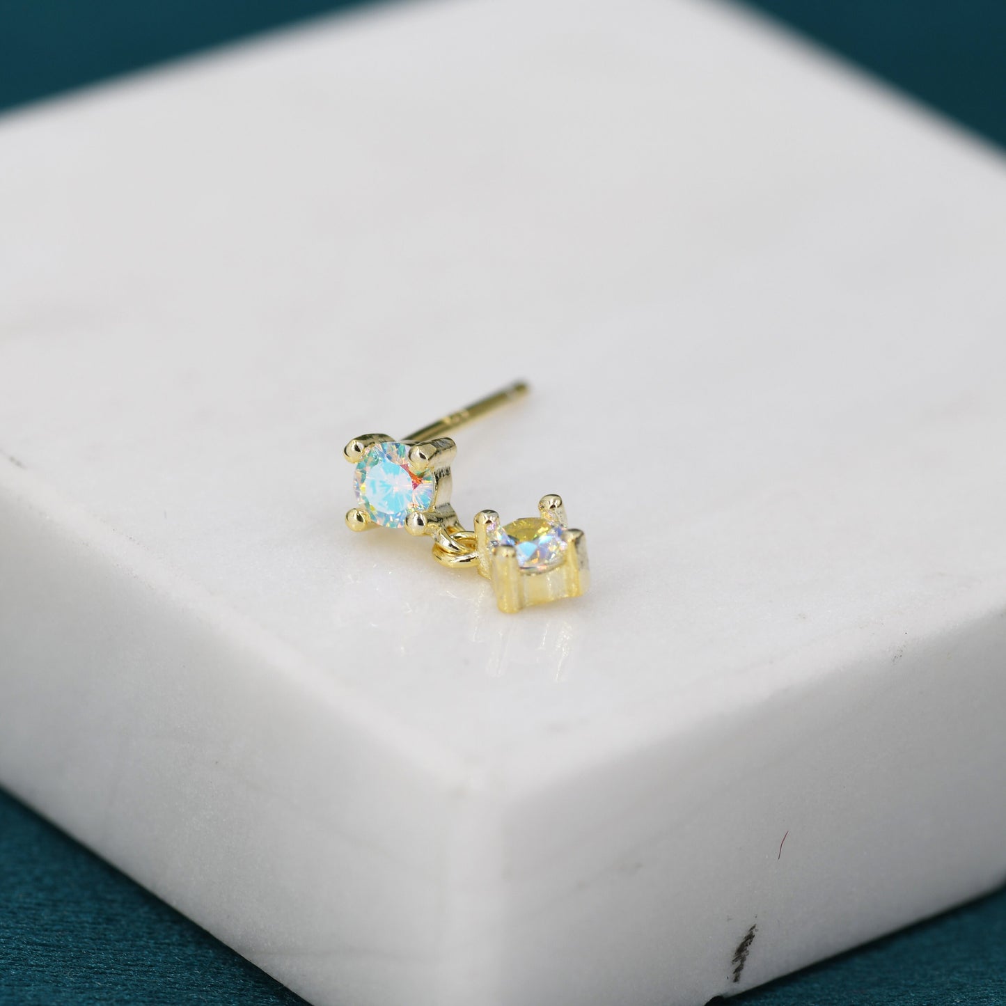 Tiny Double Aurora AB CZ Dangle Stud Earrings in Sterling Silver, Silver or Gold, Two CZ Prong Earrings,  Colour Changing Crystal Earrings