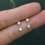 Tiny Double Aurora AB CZ Dangle Stud Earrings in Sterling Silver, Silver or Gold, Two CZ Prong Earrings, Colour Changing Crystal Earrings