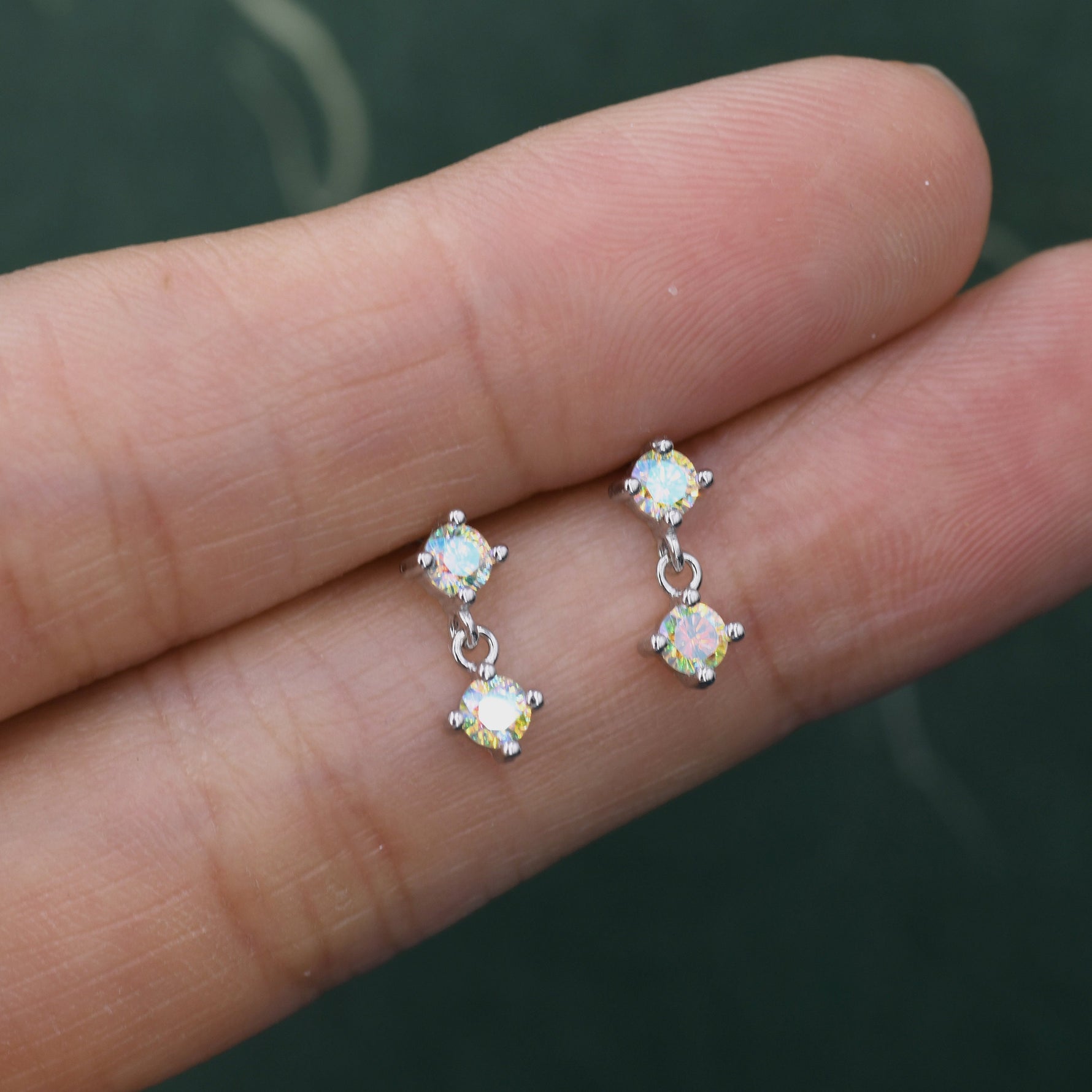 Tiny Double Aurora AB CZ Dangle Stud Earrings in Sterling Silver, Silver or Gold, Two CZ Prong Earrings, Colour Changing Crystal Earrings