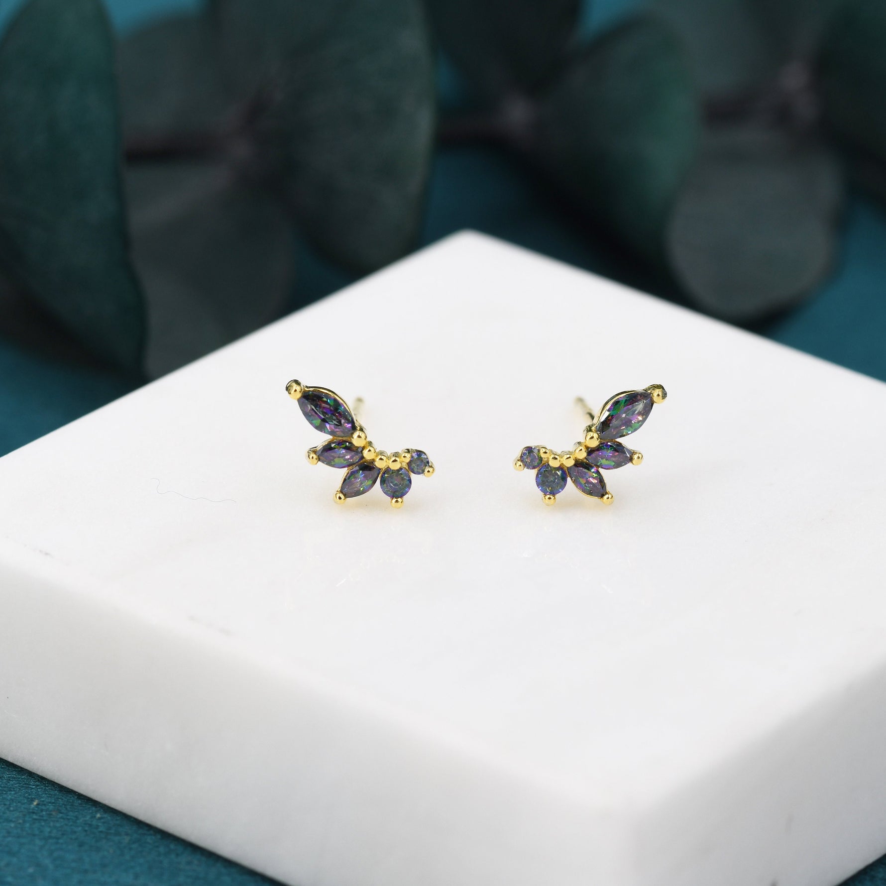 Mystic Topaz CZ Marquise Cluster Stud Earrings in Sterling Silver, Silver or Gold, Colour Changing Black Marquise Earrings, CZ Wing Earrings