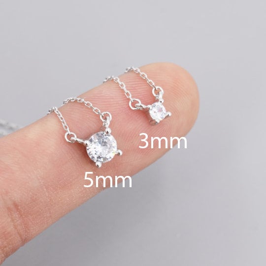 Extra Tiny CZ Necklace in Sterling Silver, Available in Two Stone Sizes, Silver or Gold, CZ Pendant Necklace