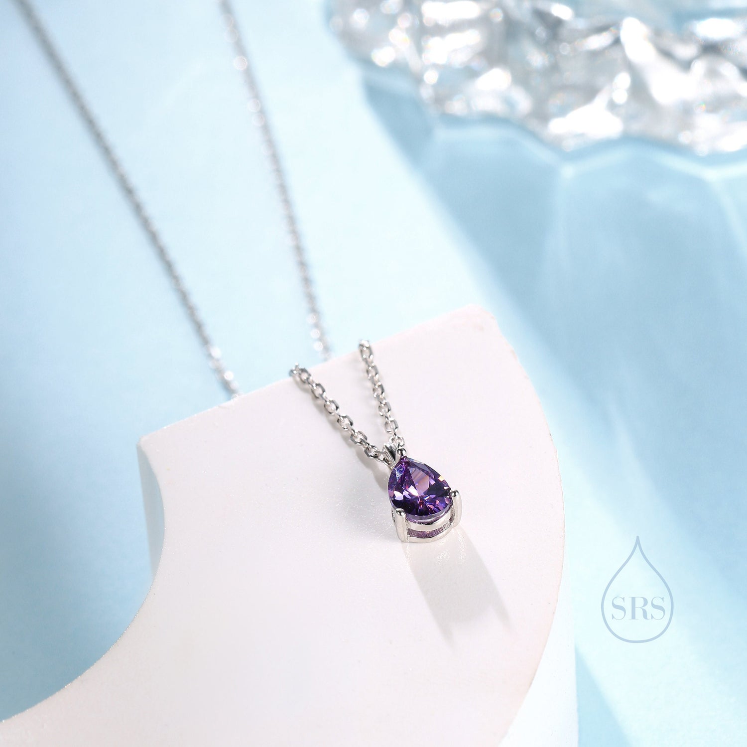 Amethyst Purple Droplet CZ Pendant Necklace in Sterling Silver, Silver or Gold, Amethyst Purple Pear Cut CZ Necklace