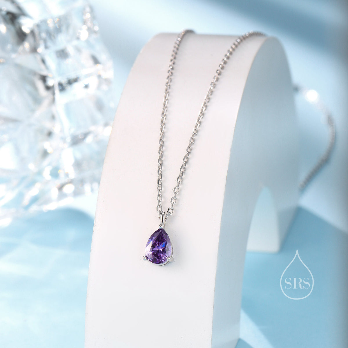 Amethyst Purple Droplet CZ Pendant Necklace in Sterling Silver, Silver or Gold, Amethyst Purple Pear Cut CZ Necklace