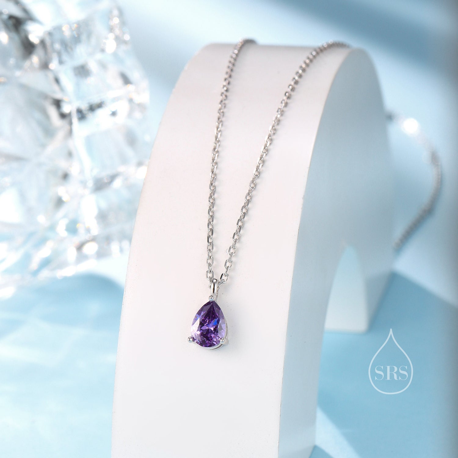 Amethyst Purple Droplet CZ Pendant Necklace in Sterling Silver, Silver or Gold, Amethyst Purple Pear Cut CZ Necklace
