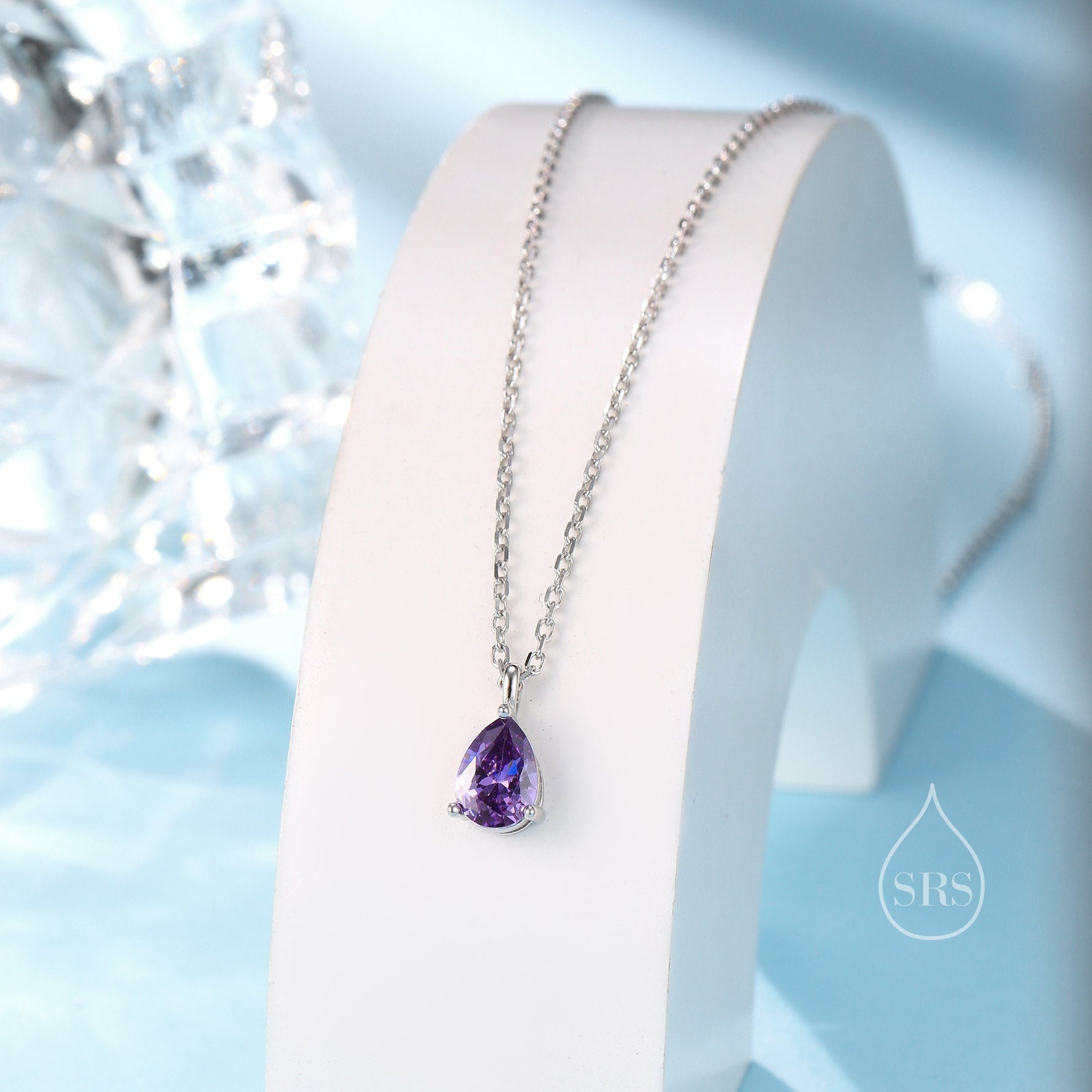 Amethyst Purple Droplet CZ Pendant Necklace in Sterling Silver, Silver or Gold, Amethyst Purple Pear Cut CZ Necklace