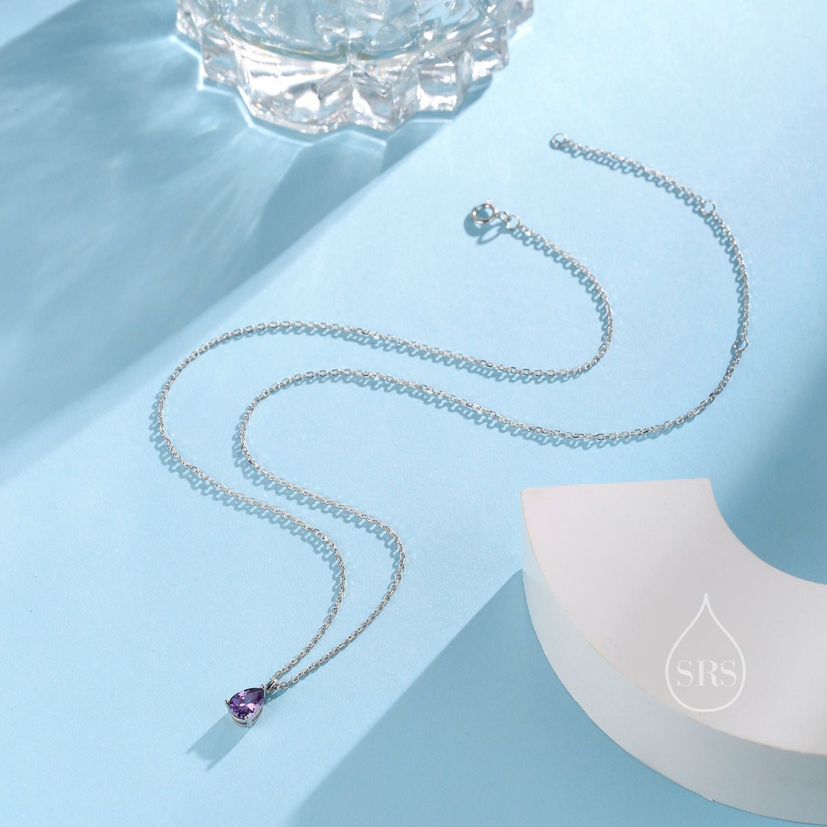 Amethyst Purple Droplet CZ Pendant Necklace in Sterling Silver, Silver or Gold, Amethyst Purple Pear Cut CZ Necklace