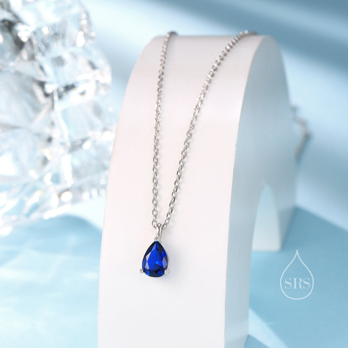 Sapphire Blue Droplet CZ Pendant Necklace in Sterling Silver, Silver or Gold, Sapphire Blue Pear Cut CZ Necklace, September Birthstone