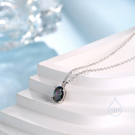Mystic Black Oval CZ Pendant Necklace  in Sterling Silver, Silver or Gold, Oval Cut CZ Necklace, Aurora, Mystic Topaz