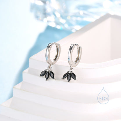 Black CZ Marquise Crown Huggie Hoop Earrings in Sterling Silver, Silver or Gold, Geometric Hoop Earrings