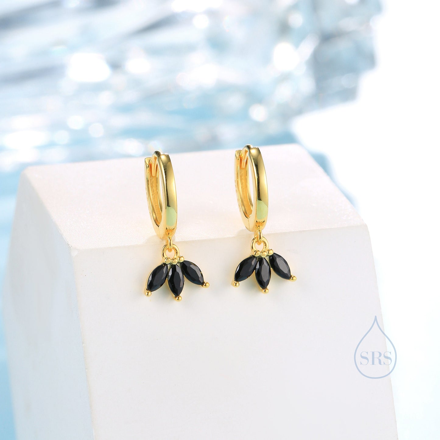 Black CZ Marquise Crown Huggie Hoop Earrings in Sterling Silver, Silver or Gold, Geometric Hoop Earrings