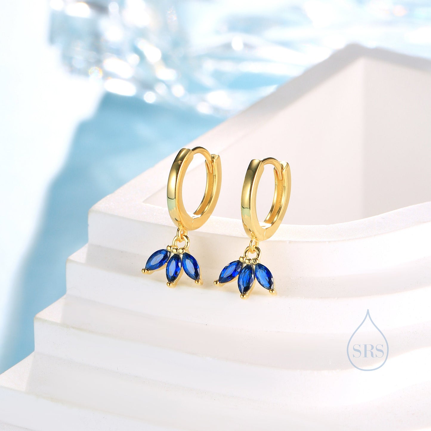 Sapphire Blue CZ Marquise Crown Huggie Hoop Earrings in Sterling Silver, Silver or Gold, Geometric Hoop Earrings