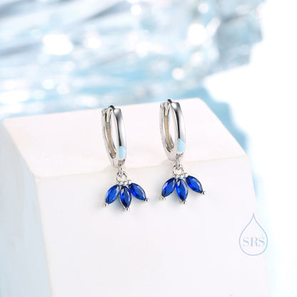 Sapphire Blue CZ Marquise Crown Huggie Hoop Earrings in Sterling Silver, Silver or Gold, Geometric Hoop Earrings