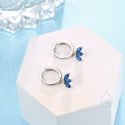 Sapphire Blue CZ Marquise Crown Huggie Hoop Earrings in Sterling Silver, Silver or Gold, Geometric Hoop Earrings