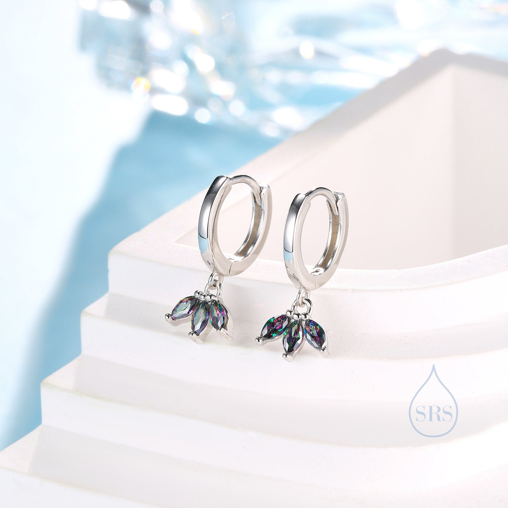 Mystic Black CZ Marquise Crown Huggie Hoop Earrings in Sterling Silver, Silver or Gold, Geometric Hoop Earrings, Mystic Topaz