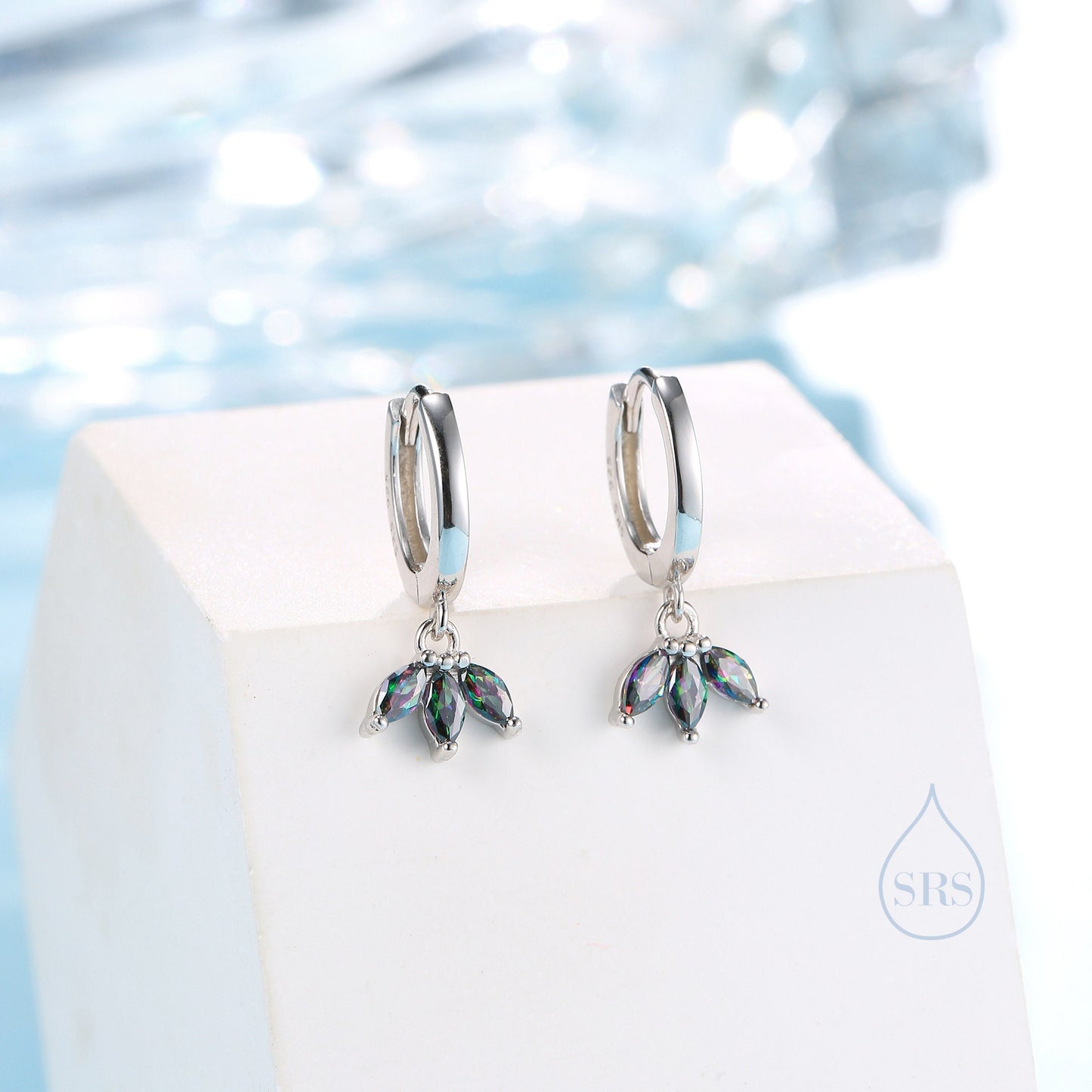 Mystic Black CZ Marquise Crown Huggie Hoop Earrings in Sterling Silver, Silver or Gold, Geometric Hoop Earrings, Mystic Topaz