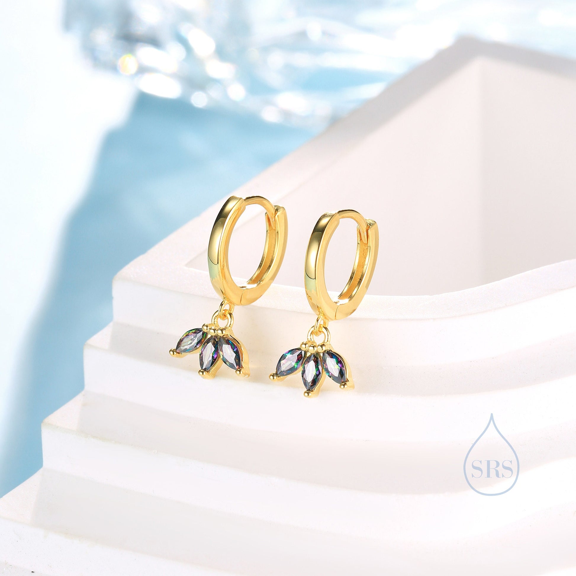 Mystic Black CZ Marquise Crown Huggie Hoop Earrings in Sterling Silver, Silver or Gold, Geometric Hoop Earrings, Mystic Topaz