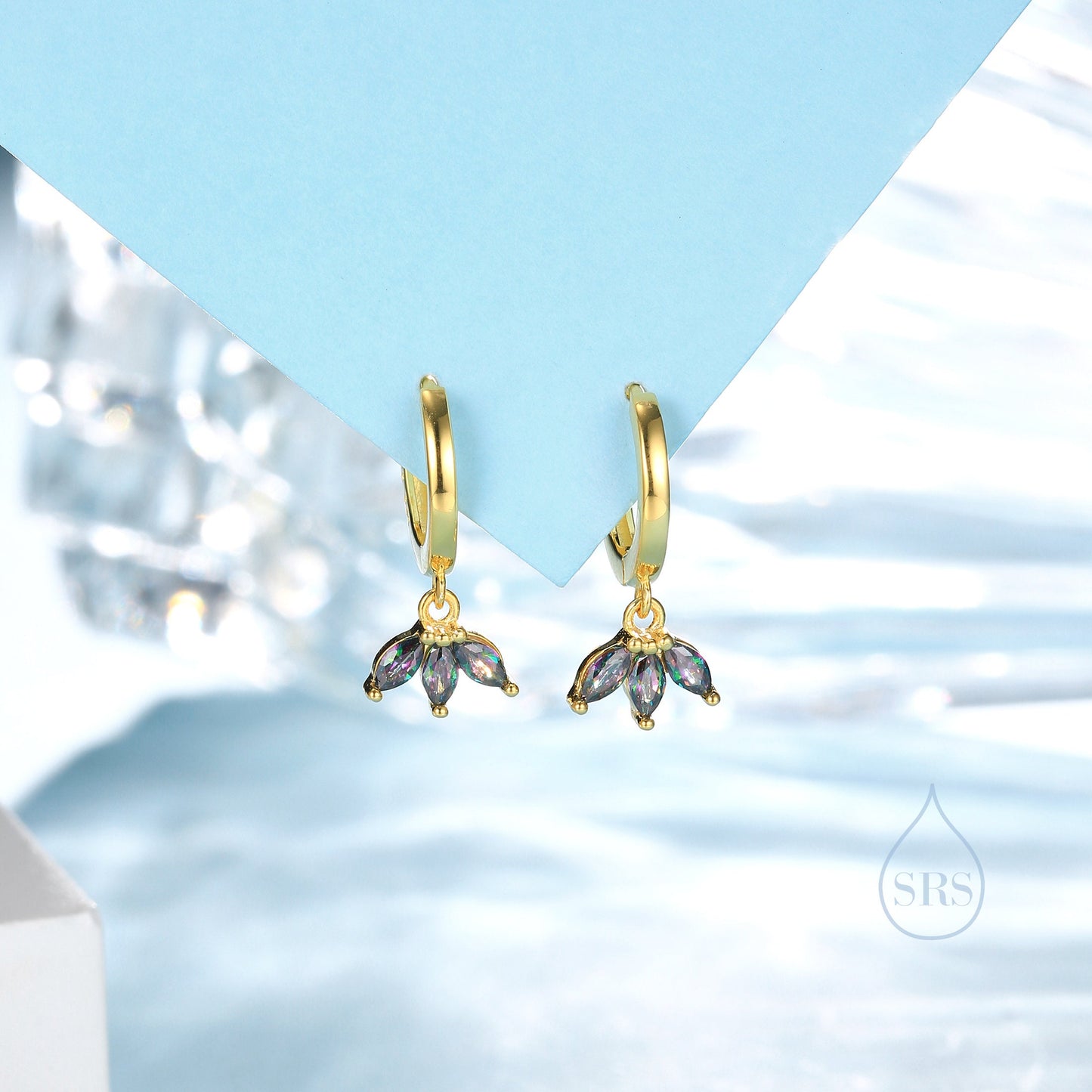 Mystic Black CZ Marquise Crown Huggie Hoop Earrings in Sterling Silver, Silver or Gold, Geometric Hoop Earrings, Mystic Topaz