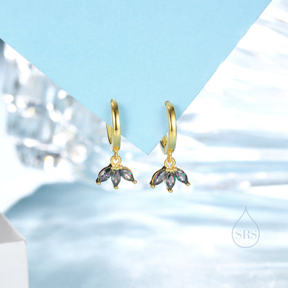 Mystic Black CZ Marquise Crown Huggie Hoop Earrings in Sterling Silver, Silver or Gold, Geometric Hoop Earrings, Mystic Topaz