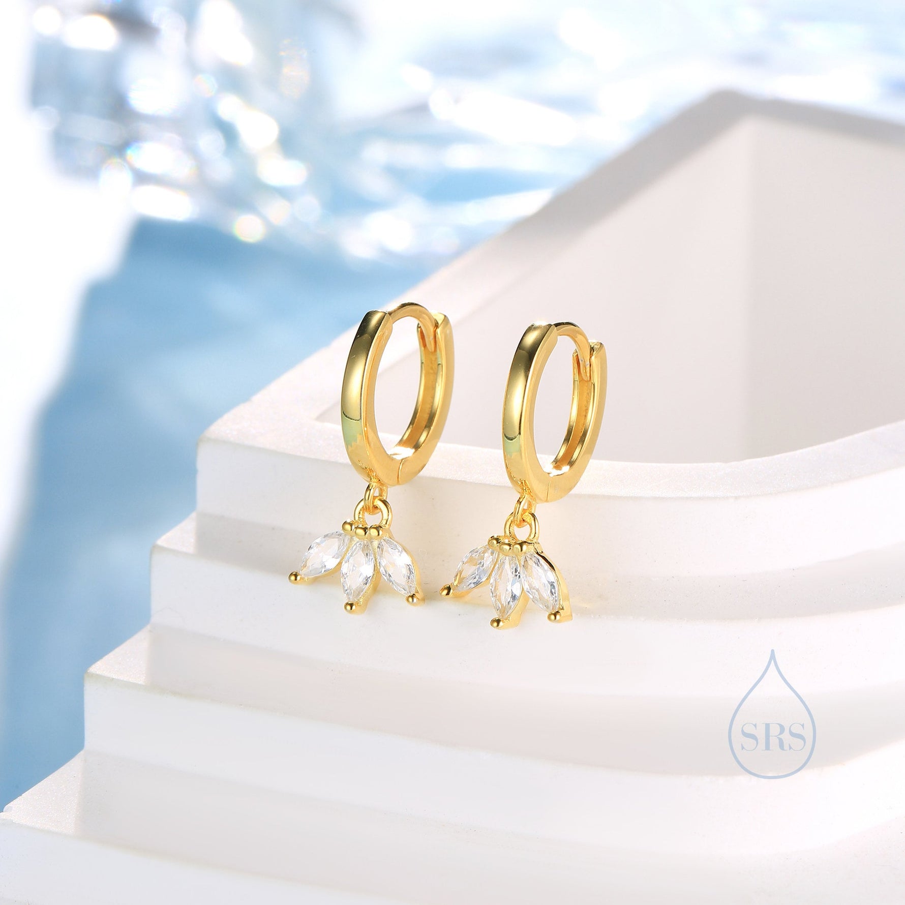 CZ Marquise Crown Huggie Hoop Earrings in Sterling Silver, Silver or Gold, Geometric Hoop Earrings, Clear CZ