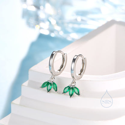 Emerald Green CZ Marquise Crown Huggie Hoop Earrings in Sterling Silver, Silver or Gold, Geometric Hoop Earrings, May Birthstone