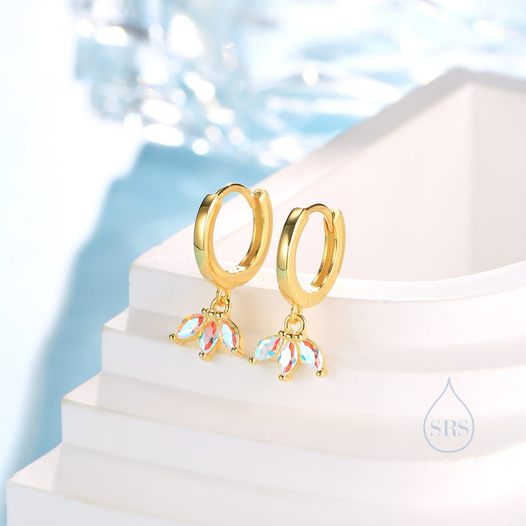 Aurora AB CZ Marquise Crown Huggie Hoop Earrings in Sterling Silver, Silver or Gold, Geometric Hoop Earrings, Colour Changing