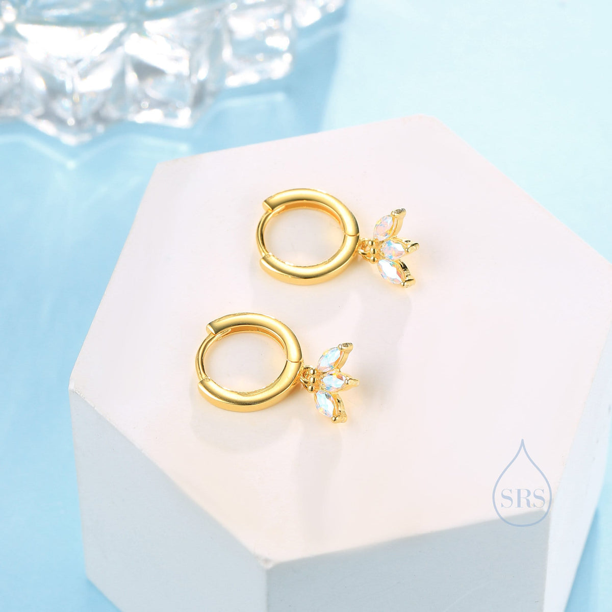 Aurora AB CZ Marquise Crown Huggie Hoop Earrings in Sterling Silver, Silver or Gold, Geometric Hoop Earrings, Colour Changing