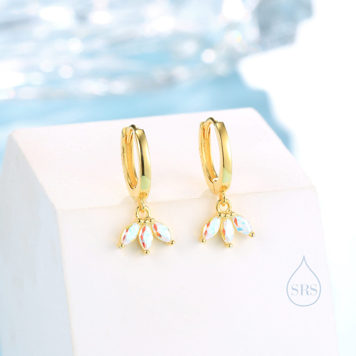 Aurora AB CZ Marquise Crown Huggie Hoop Earrings in Sterling Silver, Silver or Gold, Geometric Hoop Earrings, Colour Changing