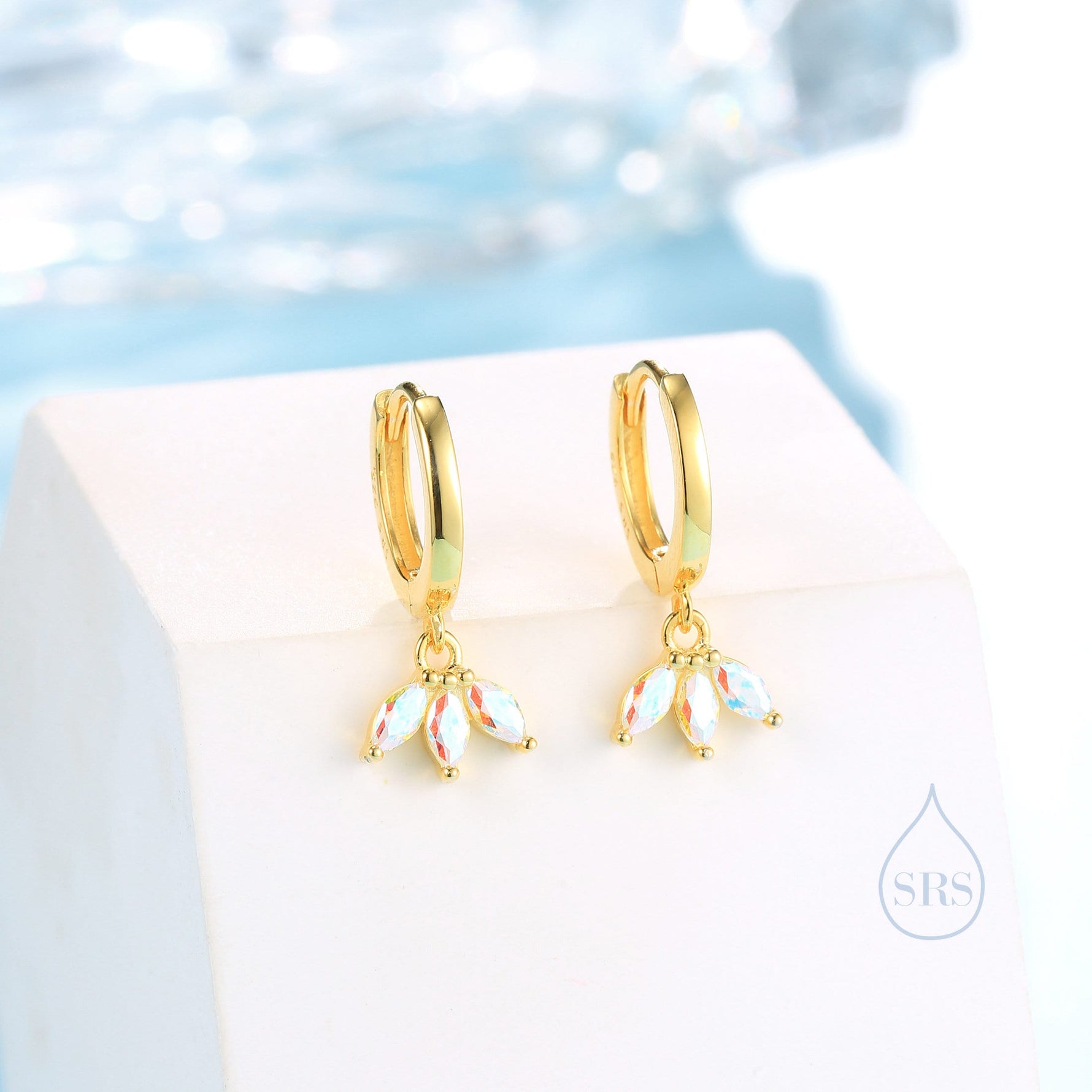 Aurora AB CZ Marquise Crown Huggie Hoop Earrings in Sterling Silver, Silver or Gold, Geometric Hoop Earrings, Colour Changing