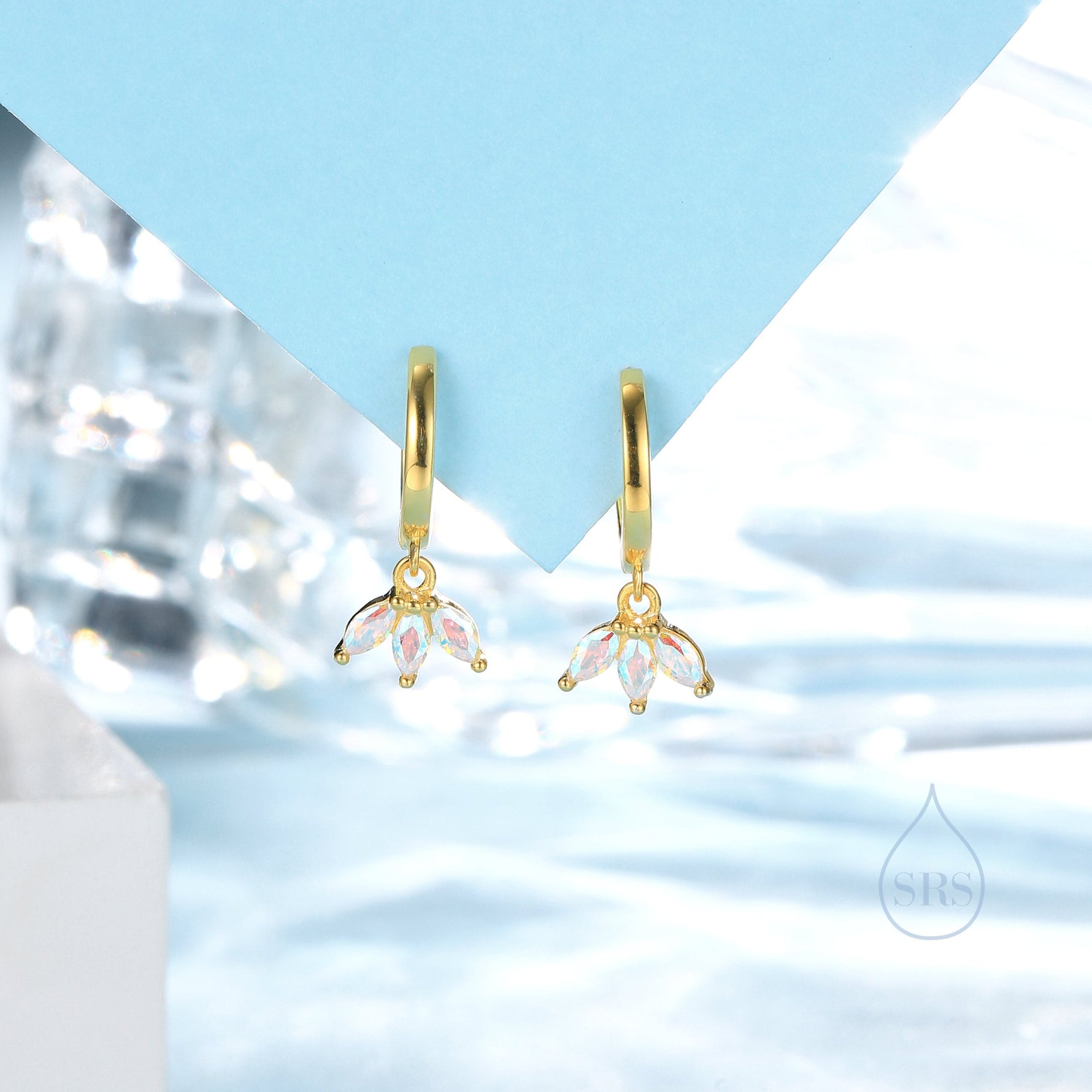 Aurora AB CZ Marquise Crown Huggie Hoop Earrings in Sterling Silver, Silver or Gold, Geometric Hoop Earrings, Colour Changing