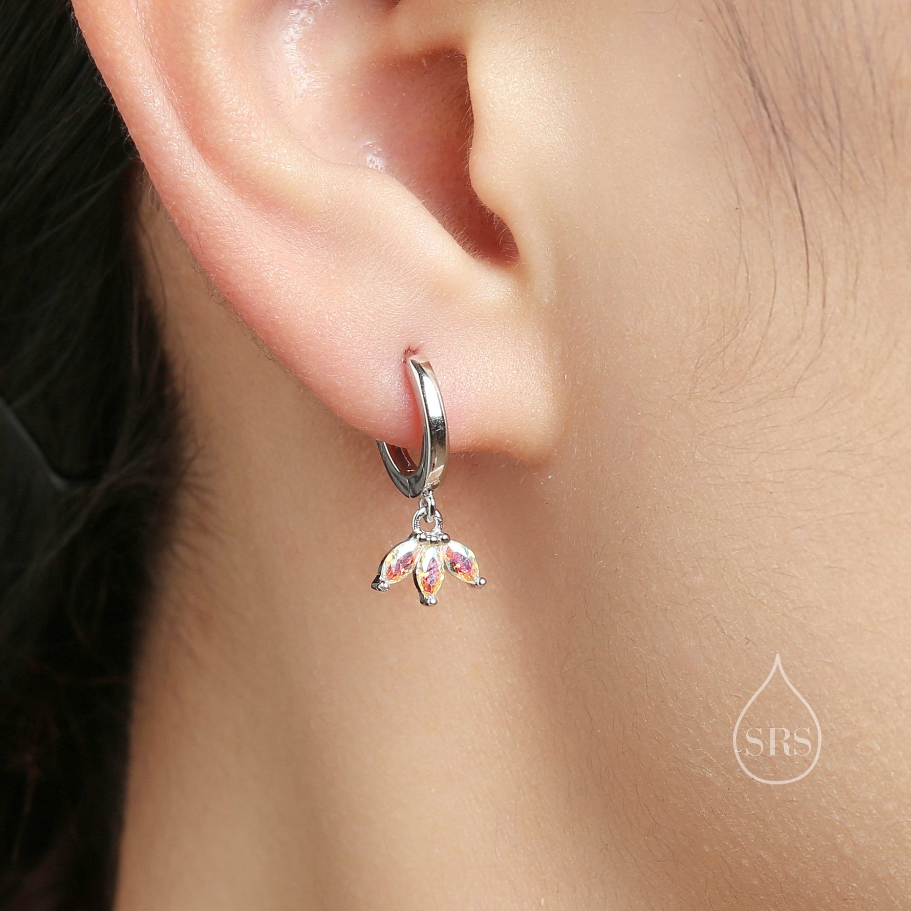 Aurora AB CZ Marquise Crown Huggie Hoop Earrings in Sterling Silver, Silver or Gold, Geometric Hoop Earrings, Colour Changing