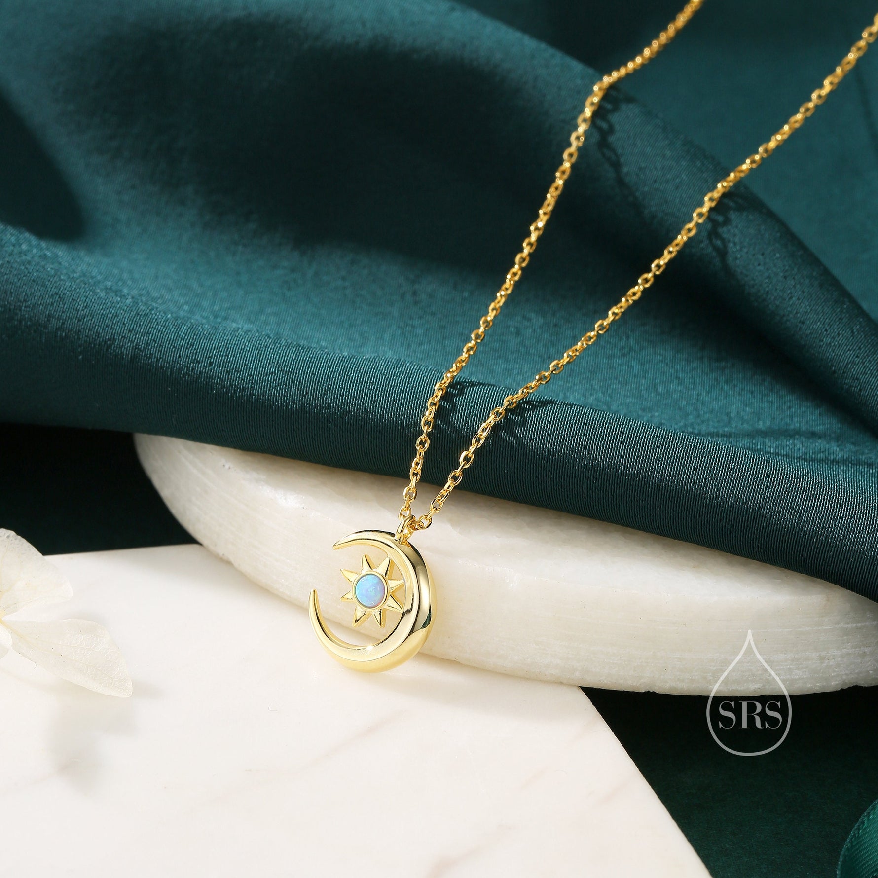 Blue Opal Moon and Star Pendant Necklace in Sterling Silver, Silver or Gold, Aurora Star Necklace, Lab Opal Starburst, Moon and Sun