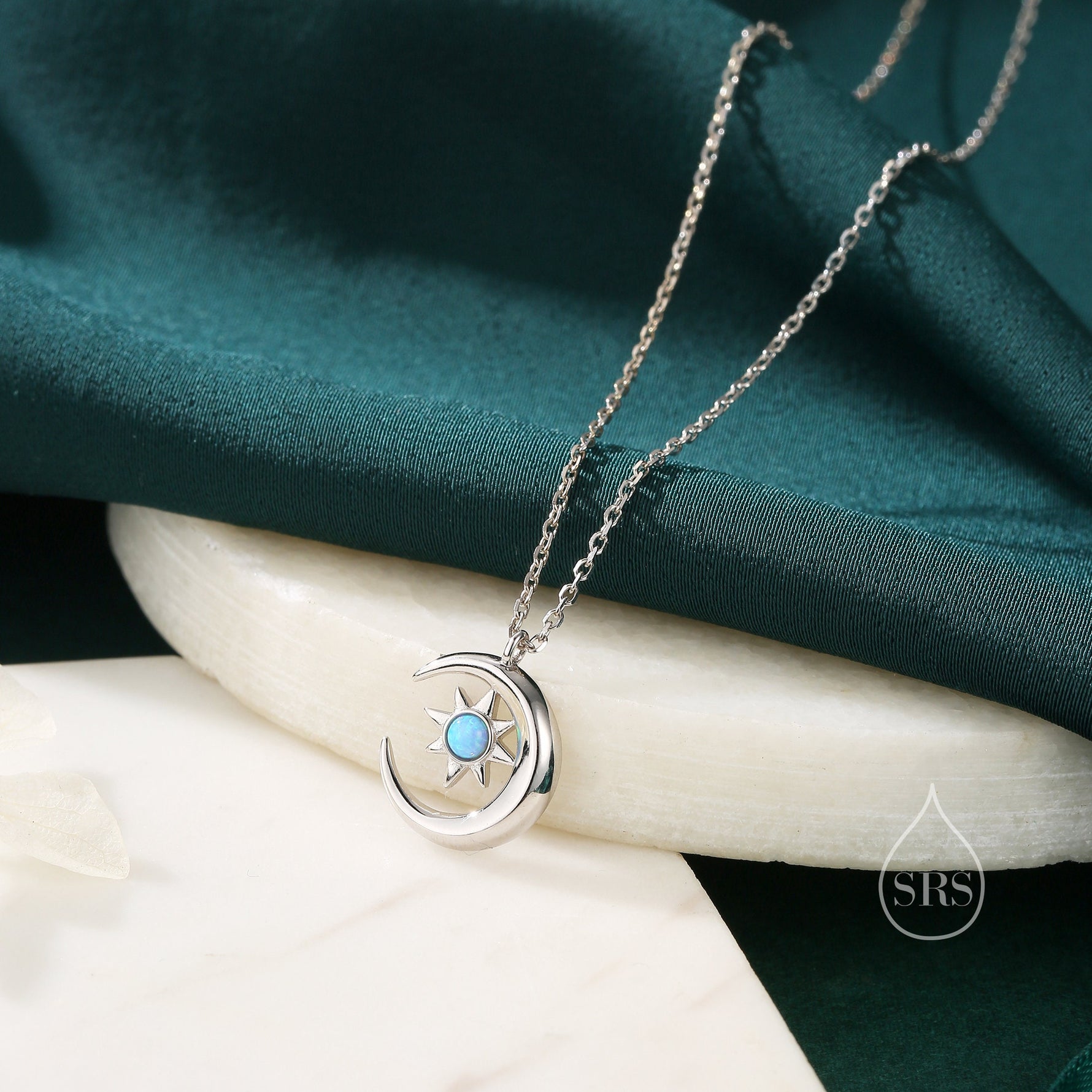 Blue Opal Moon and Star Pendant Necklace in Sterling Silver, Silver or Gold, Aurora Star Necklace, Lab Opal Starburst, Moon and Sun