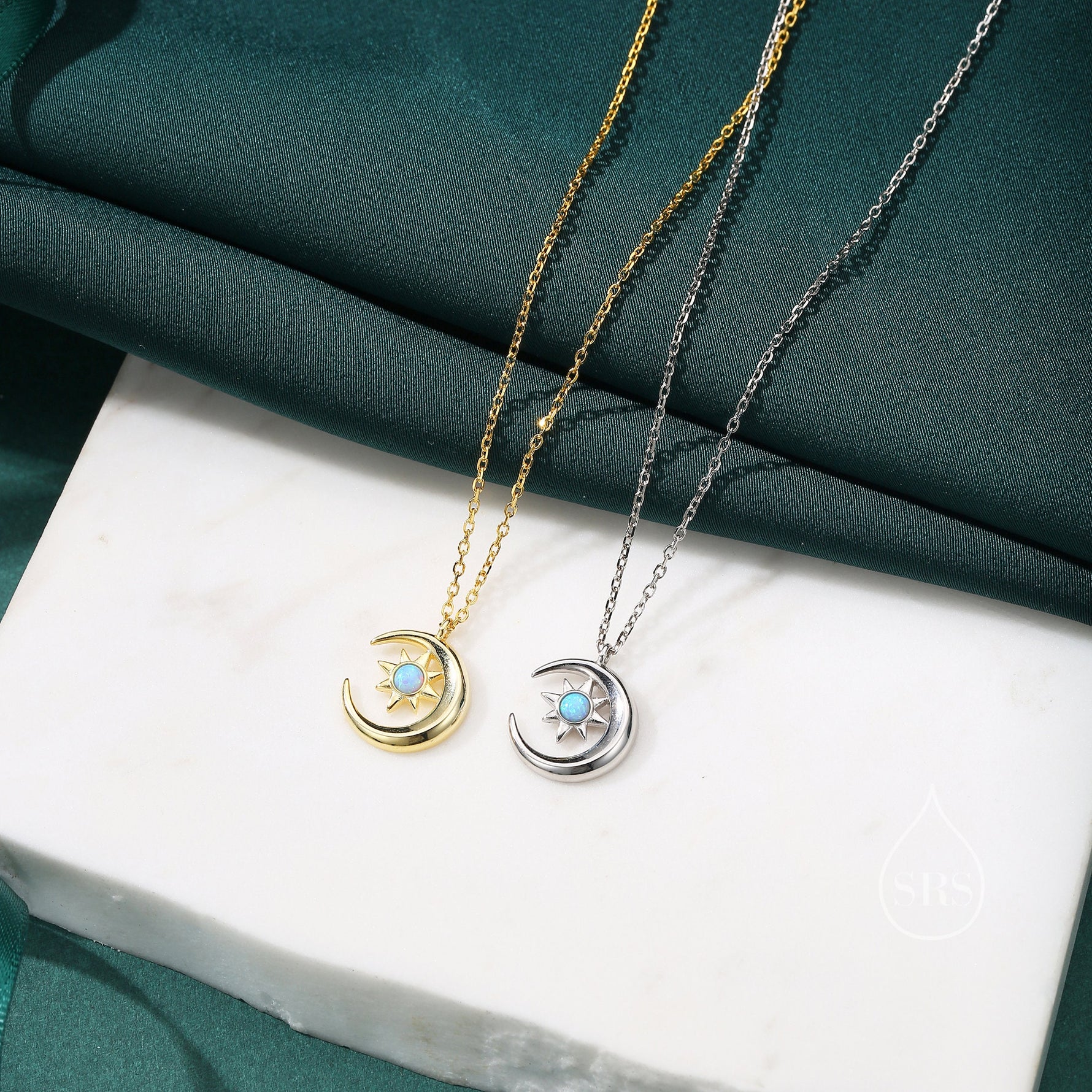 Blue Opal Moon and Star Pendant Necklace in Sterling Silver, Silver or Gold, Aurora Star Necklace, Lab Opal Starburst, Moon and Sun