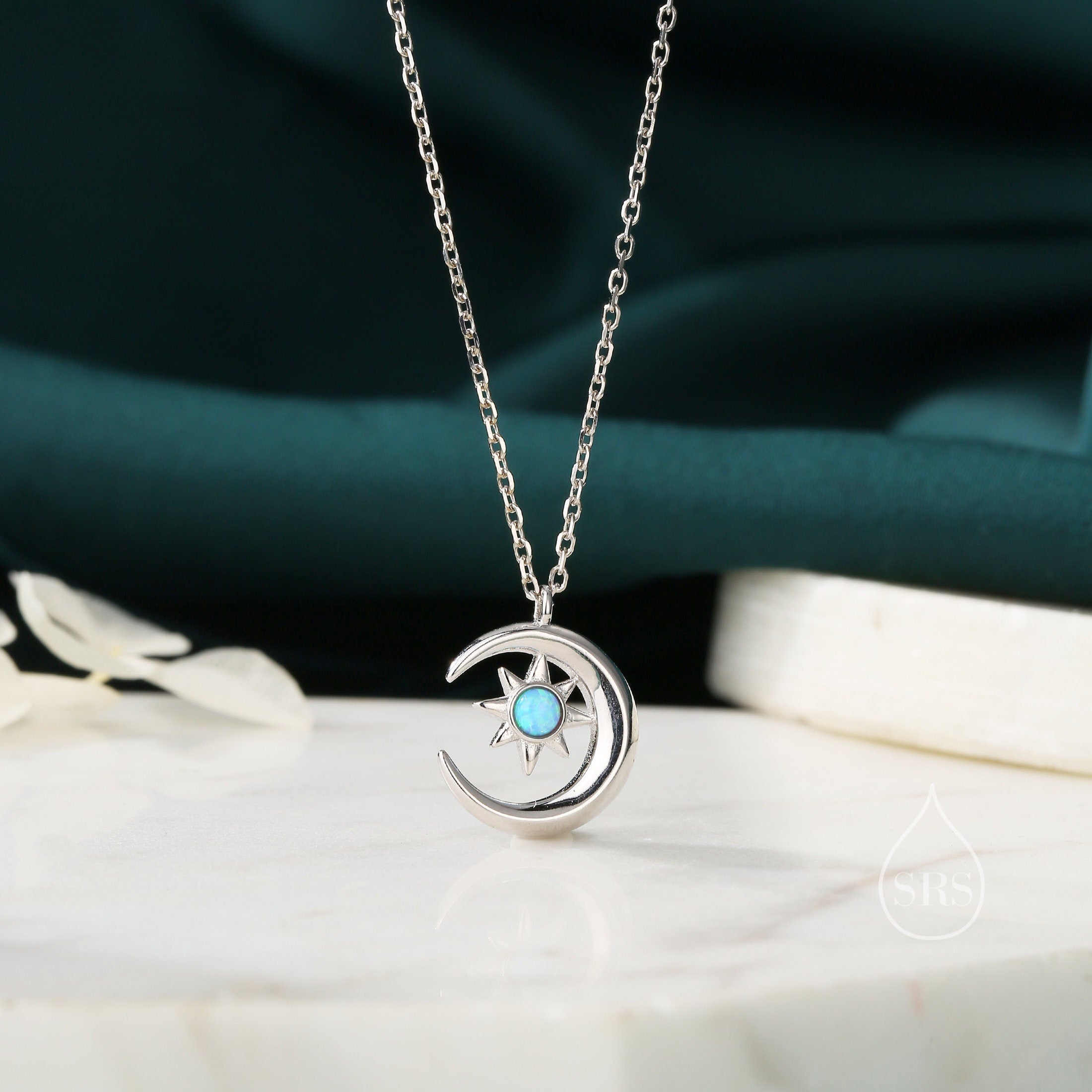 Blue Opal Moon and Star Pendant Necklace in Sterling Silver