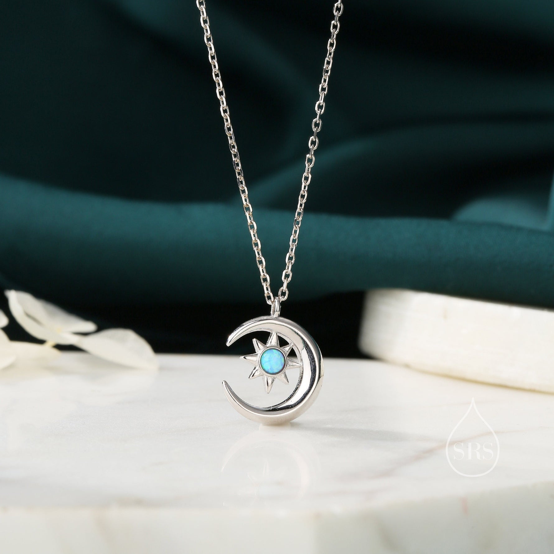 Blue Opal Moon and Star Pendant Necklace in Sterling Silver, Silver or Gold, Aurora Star Necklace, Lab Opal Starburst, Moon and Sun