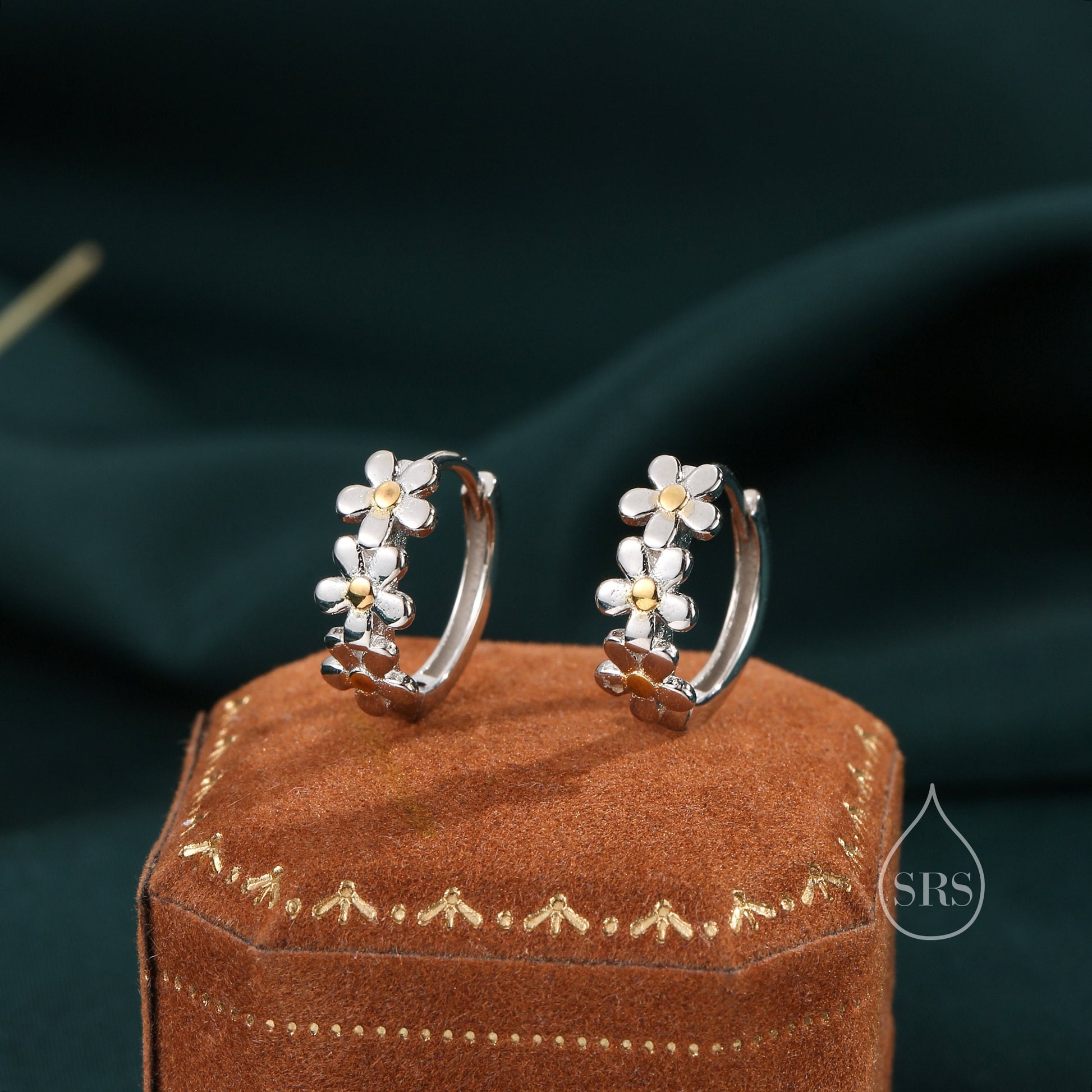 Daisy Chain Huggie Hoop in Sterling Silver, Partial Gold, Flower hoop Earrings, Forget Me Not Floral Earrings, 10mm Inner Diameter