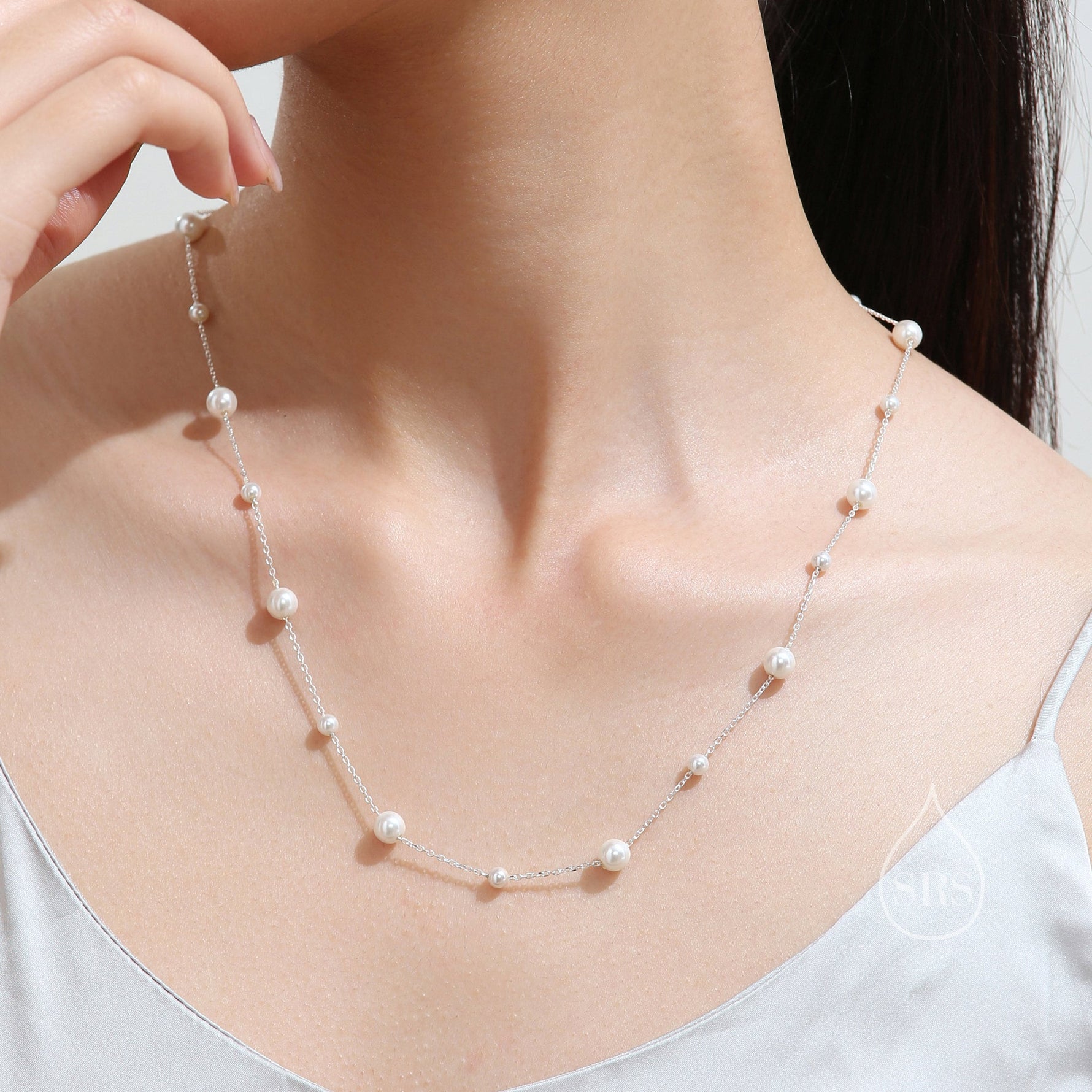 Mother of Pearl Two Way Necklace in Sterling Silver, Silver or Gold , Adjustable Length, Lariat Necklace, Satellite Beaded