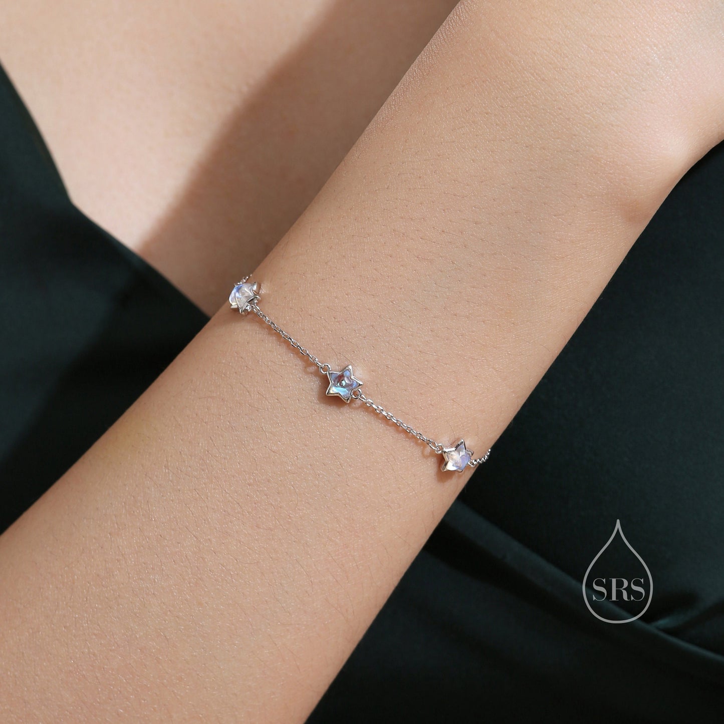 Moonstone Star Trio Bracelet in Sterling Silver, Silver or Gold, Simulated Moonstone Star Bracelet, Sunburst Bracelet, Star Bracelet