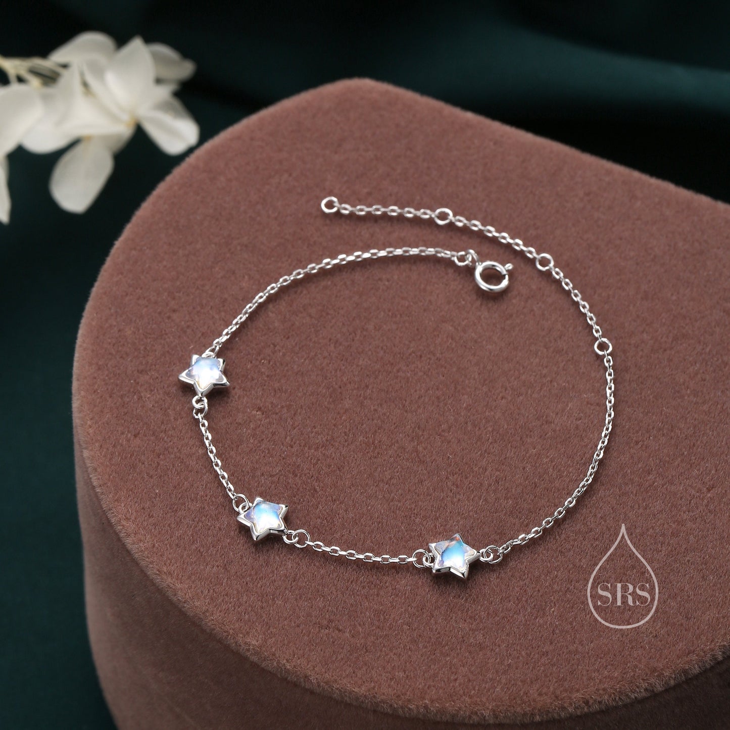 Moonstone Star Trio Bracelet in Sterling Silver, Silver or Gold, Simulated Moonstone Star Bracelet, Sunburst Bracelet, Star Bracelet