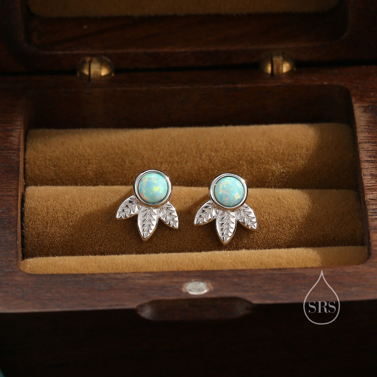 Green Opal and Leaf Motif Stud Earrings in Sterling Silver, Lab Opal Leaf Earrings, Fire Opal Tree Earrings