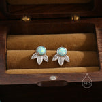 Green Opal and Leaf Motif Stud Earrings in Sterling Silver, Lab Opal Leaf Earrings, Fire Opal Tree Earrings